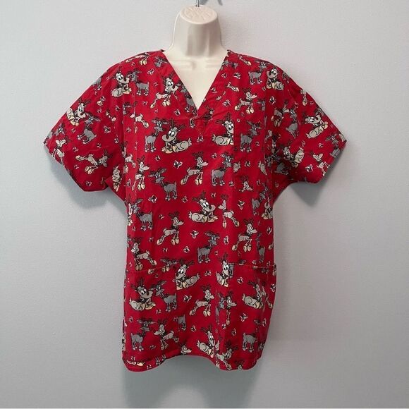 Comfy Cottons Red Christmas Holiday Scrub Top Size L - Picture 1 of 6